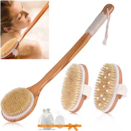 3-delt badbørste med lange trehåndtak & rygg skrubber & spa sett, massasje børste rygg børste kropp børste