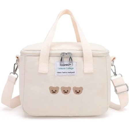 Æstetisk Kawaii sød broderi bjørn madkasse taske med stropper isoleret vandtæt holdbar taske til kvinder kontor skole