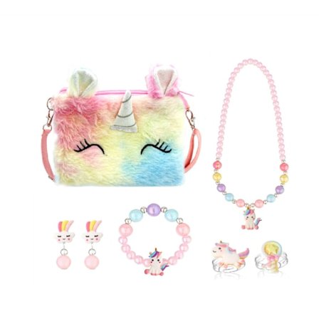 Unicorn Håndveske Smykkesett for Jenter, Unicorn Halskjede, Armbånd, Ring, Øredobb, Barnesmykkesett, Prinsesse Utkledning, Bursdagsgave