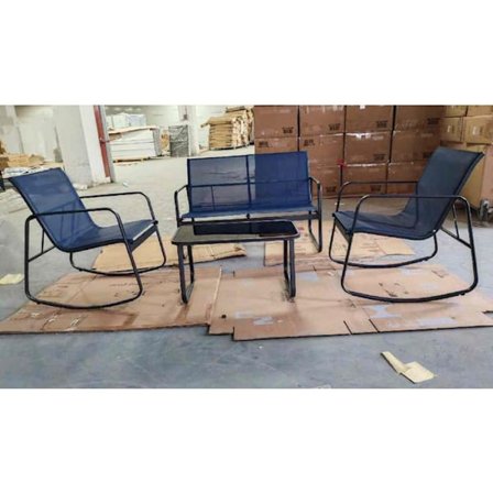 COSTWAY Ensemble 4 PCS Bord och Stolar för Trädgård, Glasbord, 2 Gungstolar och Soffa, för Balkong Patios Pool, Blå