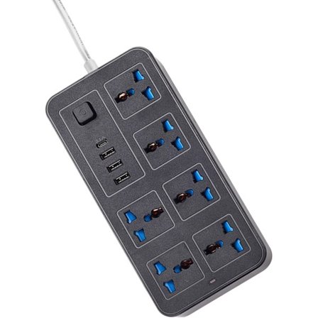 Grenuttag med 6 uttag, överspänningsskydd med 3 USB-portar, 1 Type C, 1,8 m förlängningskabel, ingen skyddande på/av-brytare, indikatorlampa för 