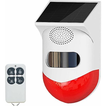 Solar Strobe Alarmlys med Bevegelsessensor, 120dB Høy Sirene, IP67 Vanntett, 4 Moduser, Fjernkontroll - Kompatibel med Hjem, Gård, Hagesikkerhet