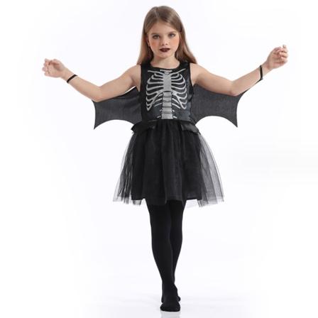 Bone Bat Witch Dress, Halloween Skeleton Print Girls' Dark Cosplay Kostym L