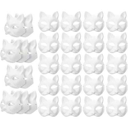 30 st Vita kattmasker vita rävmasker djur halv ansiktsmaskeradmask papper omålad tom DIY halloweenmask för maskerad rollspelsfest-WELLNGS