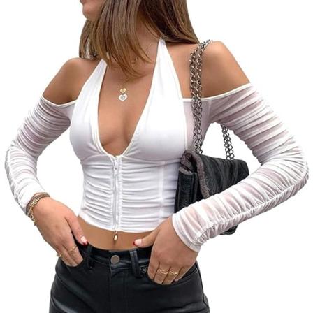 Kvinde Halter Langærmet Crop Top Y2k Dyb V-hals T-shirt,L