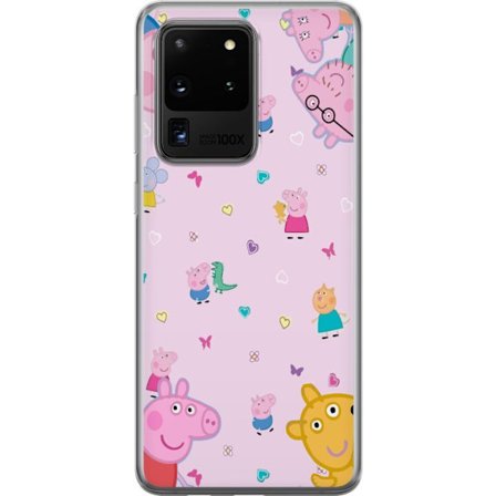 Kompatibelt Mobildeksel til Samsung Galaxy S20 Ultra Peppa Gris med en baby i armene, mamma gris motiv i fargerik og myk barneillustrasjon med hjerter