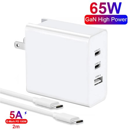65W 3-Port USB-C Væglader [GaN Tech], Type-C PD3.0 Hurtig Rejselader, Strømforsyning til MacBook, iPhone 12