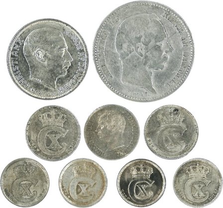 Danmark - Dubletlot med 9 sølvmønter