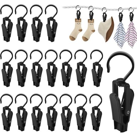20-pak Klemmer, Sorte, Støvleophæng, 360° Roterende Støvleklemmer, til Håndklæder, Hatte, Gardiner, Strandhåndklæder