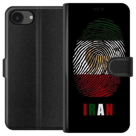Kompatibelt Lommeboketui til Apple iPhone 16e Fingeravtrykkformat som Irans flagg med løvemotiv på svart dramatisk bakgrunn