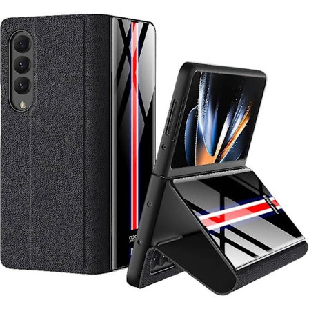 Härdat glas läder telefonfodral för Samsung Galaxy Z Fold 4, ultratunn färg målad vikbar skal för Z Fold4, fallskyddande affärstelefonfodral