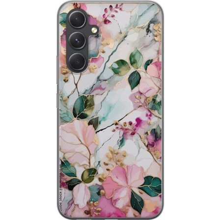 Kompatibel Mobilcover til Samsung Galaxy S24 Abstrakt marmormønster med blomster, blade og gyldne detaljer i bløde pastelfarver