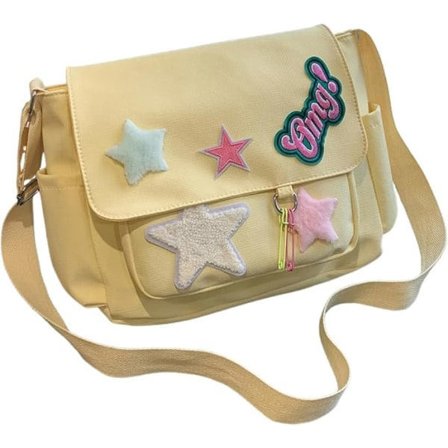 Søt Messenger Bag, Estetisk Skulderveske i Canvas, Stjerne Skulderveske for Kvinner Jenter Skulderveske, Gul