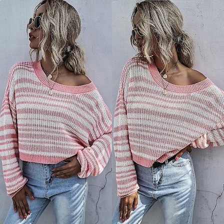 Langermet strikket stripete rundhals uformell tunika for kvinner