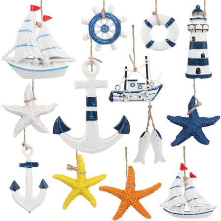 13 deler kyststrand veggpynt, maritim veggdekor, middelhavs marine sjøstjerne/fyrtårn/anker/båt/svømmering ornament