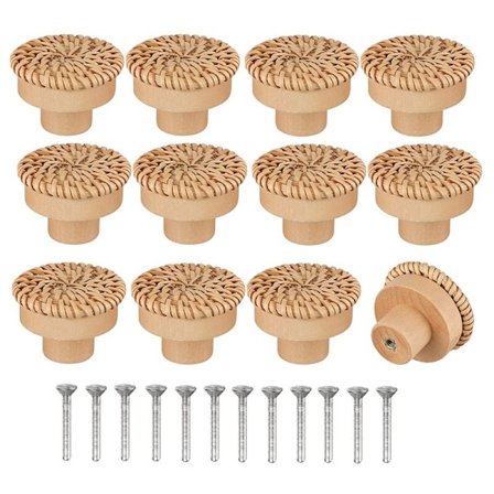 12-pakning Bohemske Runde Rottingknotter i Tre, Håndlagde Knotter med Skruer, Møbelknotter i Tre for Kommodesuffer, Skap LO-Ron