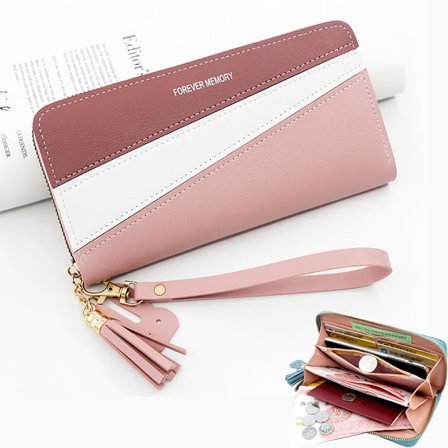 Rosa dame lommebok, dame lommebok, skinn glidelås vegg