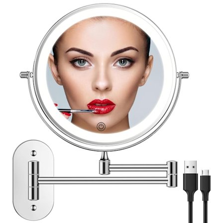 Genopladeligt vægmonteret makeup-spejl, 8 tommer dobbeltsidet 1X 10X forstørrelsesspejl til badeværelse, 3 farvebelysning, berøringsskærmsdæmpning, 