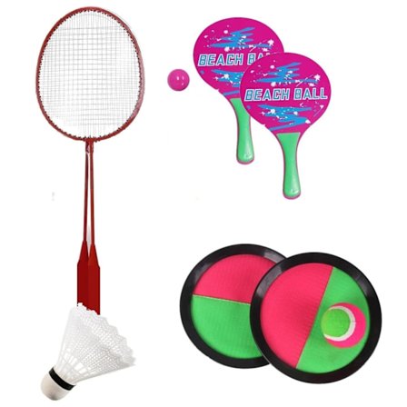 Strand Spel Kit . BADMINTON SET, CATCH-BALL SET o STRANDTENNIS-SET