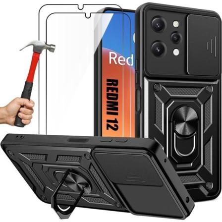 Etui + 2 hærdede briller til Xiaomi Redmi 12 5G-4G (ikke til Redmi Note 12), sort stødsikker stift anti-ridse kameracover