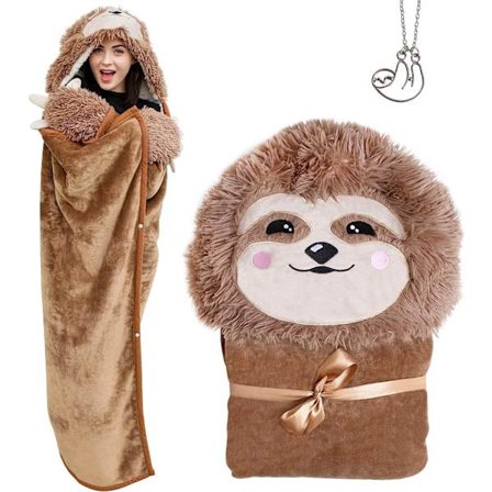 Sloth Wearable Hooded Blanket with Pendant Necklace - Oversized Blanket Adult