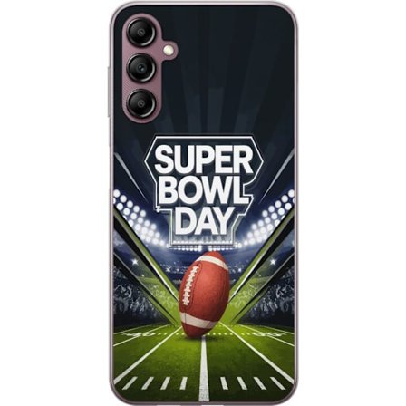 Kompatibelt Mobildeksel til Samsung Galaxy A14 5G Super Bowl Day plakat med amerikansk fotball på opplyst arena i dramatisk sportsdesign