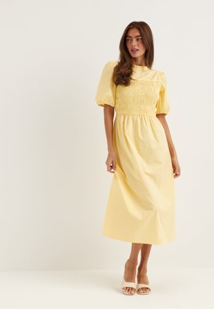 BUBBLEROOM - Smock Short Sleeve Cotton Dress - Yellow