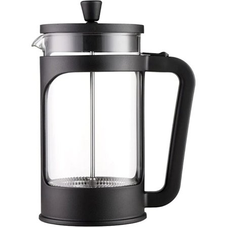 1 liter/34 oz stempelkande kaffe-/tebrygger lavet af varmebestandigt borosilikatglas, filter i rustfrit stål og sort låg.