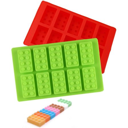 Rakennuspalikka jääpala-astia tai karkkimuotti Lego-faneille! 2 kpl silikonisia jääpalamuotteja - punainen ja vihreä