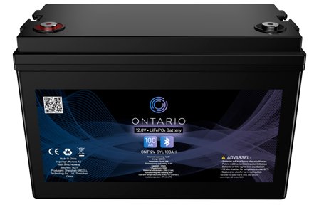 Ontario PRO MAX 12.8V 200Ah LiFePO4 litiumbatteri (med blåtann) for båt, hytte, campingvogn og bobil (forbruk)