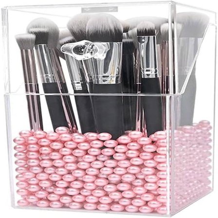 Sminkbørsteholder Organizer med lokk, Akryl Gjennomsiktig Organizer Oppbevaring Støvtett boks - Akryl Sminkebørsteholder med rosa perler