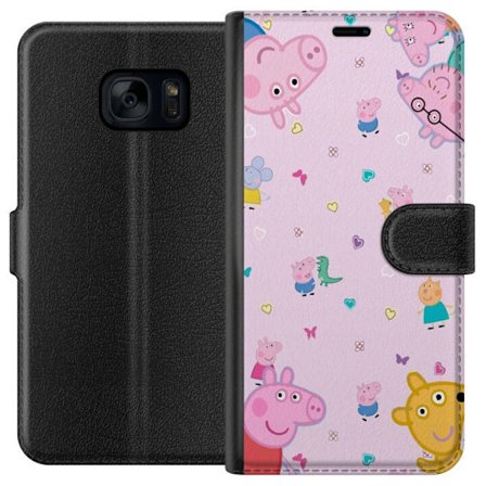 Kompatibel Tegnebogsetui til Samsung Galaxy S7 Peppa Gris med en baby i armene, morgris motiv i farverig og blød børneillustration med hjerter