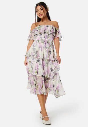 Goddiva Floral Bardot Pleated Midi Dress Multi Klær