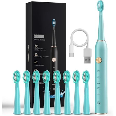 Sonic-sähköhammasharja aikuisille, 8 harjaspäätä, IPX7 vedenkestävä Sonicare 38000VPM, nopea lataus älykkäällä aikamuistutuksella, 5 valinnaista tilaa