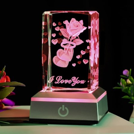 Jeg elsker dig 3D Ring Rose Krystal med LED Farvet Natlys, Valentinsdag Jul, Fødselsdagsgaver