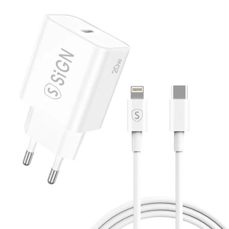 SiGN iPhone USB-C PD Snabbladdare 20W med USB-C till Lightning-kabel, 2m - Vit