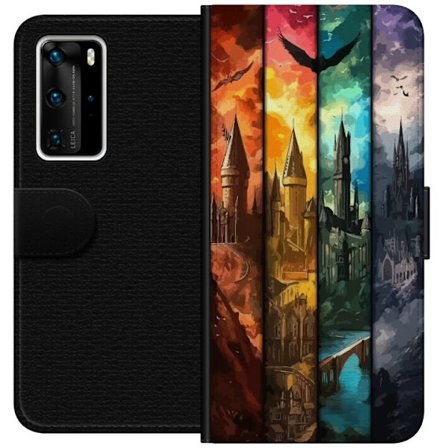 Kompatibel Tegnebogsetui til Huawei Huawei P40 Pro Fire magiske slotte i forskellige elementfarver, episk fantasykunst med ild vand luft og mørke i d