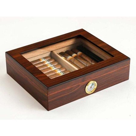 Cigarrhumidor, cederträbordlåda med luftfuktare och hygrometer, glastopp. Valnötsfärg.