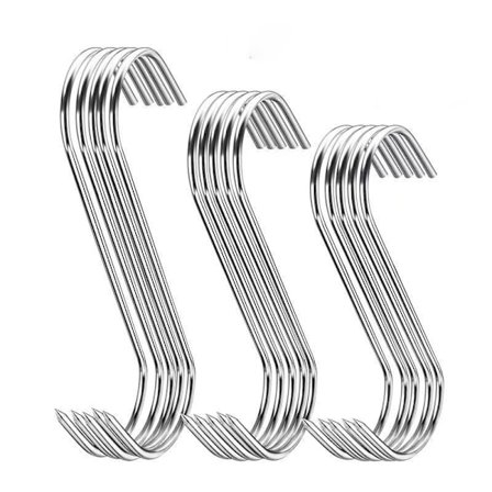 30 røge kroge i rustfrit stål, S-formede kødkroge, bruges til grillning, røgning af kød og fisk, sølv