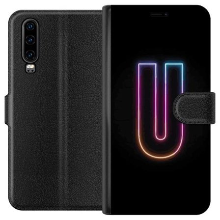Kompatibel Tegnebogsetui til Huawei Huawei P30 Minimalistisk neonbogstav U i farverig lyseffekt mod sort baggrund