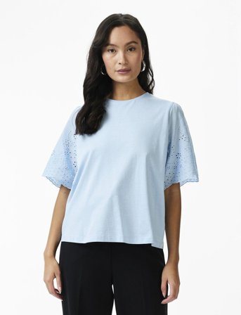 YAS Yaslex Ss Top W. Emb Sleeves S. Noos - Blue - XS