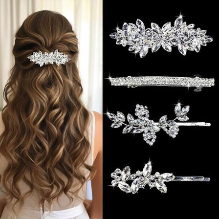 4 stk Rhinestone Blad Hårnåler, Sølv Krystall Bryllup Hårspenner, Brudehårnåler for Bruder Brudepiker Blomsterjenter Sølv 8,5 x 2,5 x 3,5 cm