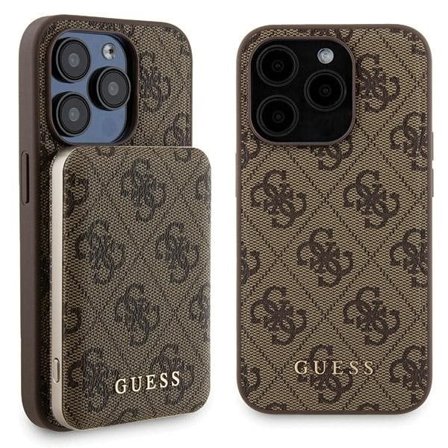 Guess 4G Metall Logo fodral set för iPhone 15 Pro Max + 5000mAh MagSafe powerbank - brun