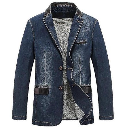 Herrjacka Denimjacka Vår Och Höst Kostym Blazer Jeans Patchwork Läder Slim Fit Jacka