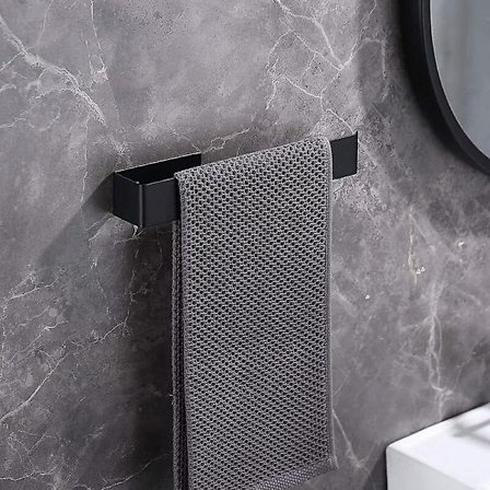 Selvklæbende håndklædestang i rustfrit stål til badeværelse og køkken - 25 cm - Sort - 3M selvklæbende og boring (FMY)