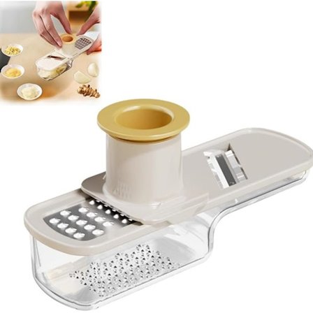 Multifunktionell Mini Vitlökshackare, 3 i 1 Mini Vitlöksskivare Supertunn med Handskydd, Grönsaker Vitlök Ingefära Riv, Skiva & Strimla 