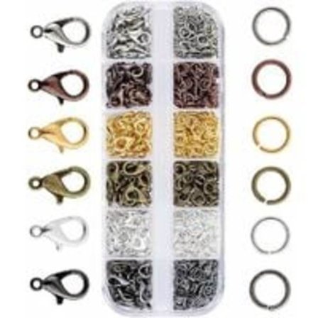 Smyckeskrin 6 färger (ca 140 st) metall hummerlås + 6 färger (ca 990 st) metalldelad ringar för halsband armband