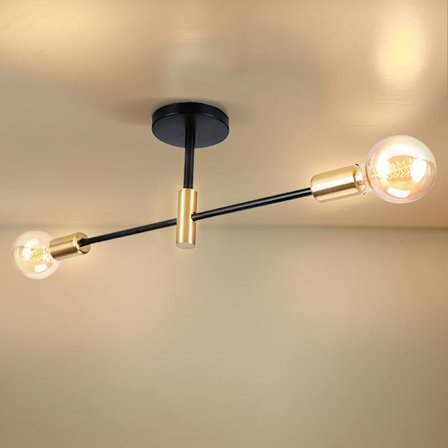 E27 Vintage Industriell Taklampa Armatur Semi Flush Mount Pendellampa Metall Ljuskrona 2 Ljus Svart och Guld