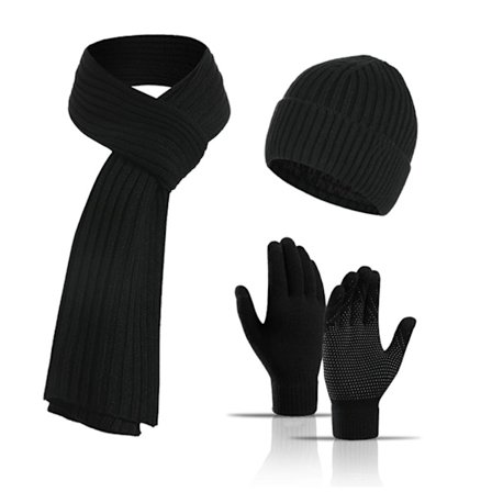 Vinterhue, halstørklæde og handskesæt, strikhue med touchscreen-vanter til mænd og kvinder, tykt 3-delt tilbehør til koldt vejr til udendørs brug