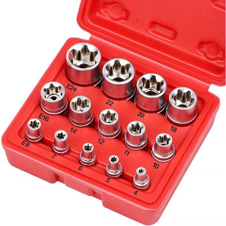 14-delt pipesett - premium hun-Torx pipesett, ultimate momentstjerne-piper, eksterne Torx-piper, E4 E5 E6 E7 E8 E10 E11 E12 E14 E16 E18